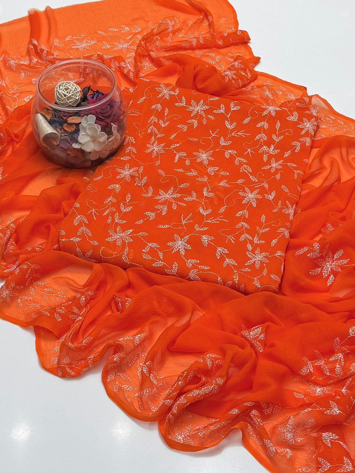 2 Pce  Chiffon Handmade Sippi Jall Work