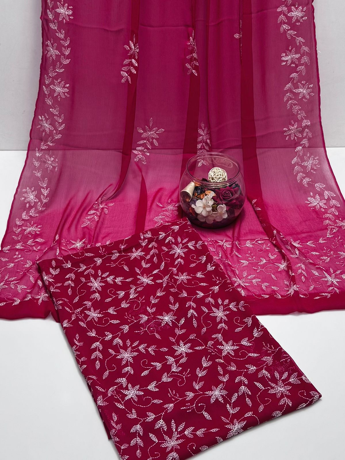 2 Pce  Chiffon Handmade Sippi Jall Work