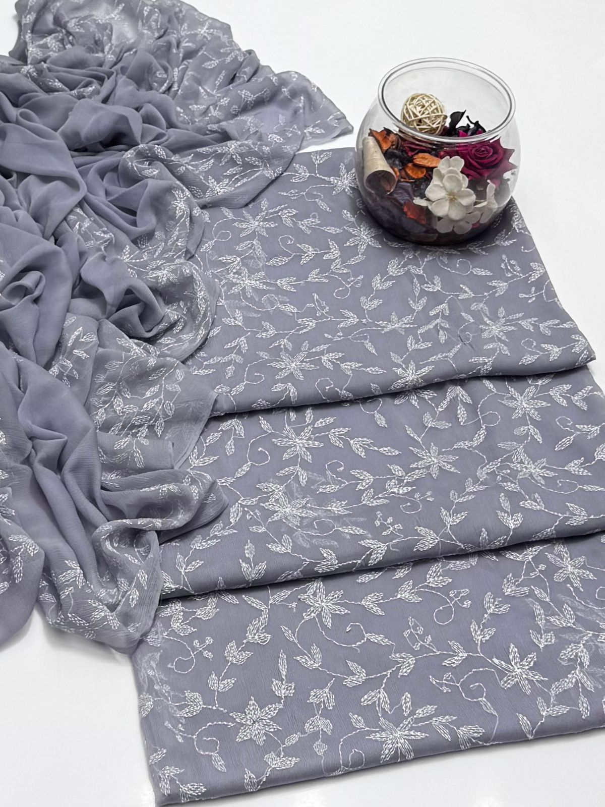 2 Pce  Chiffon Handmade Sippi Jall Work