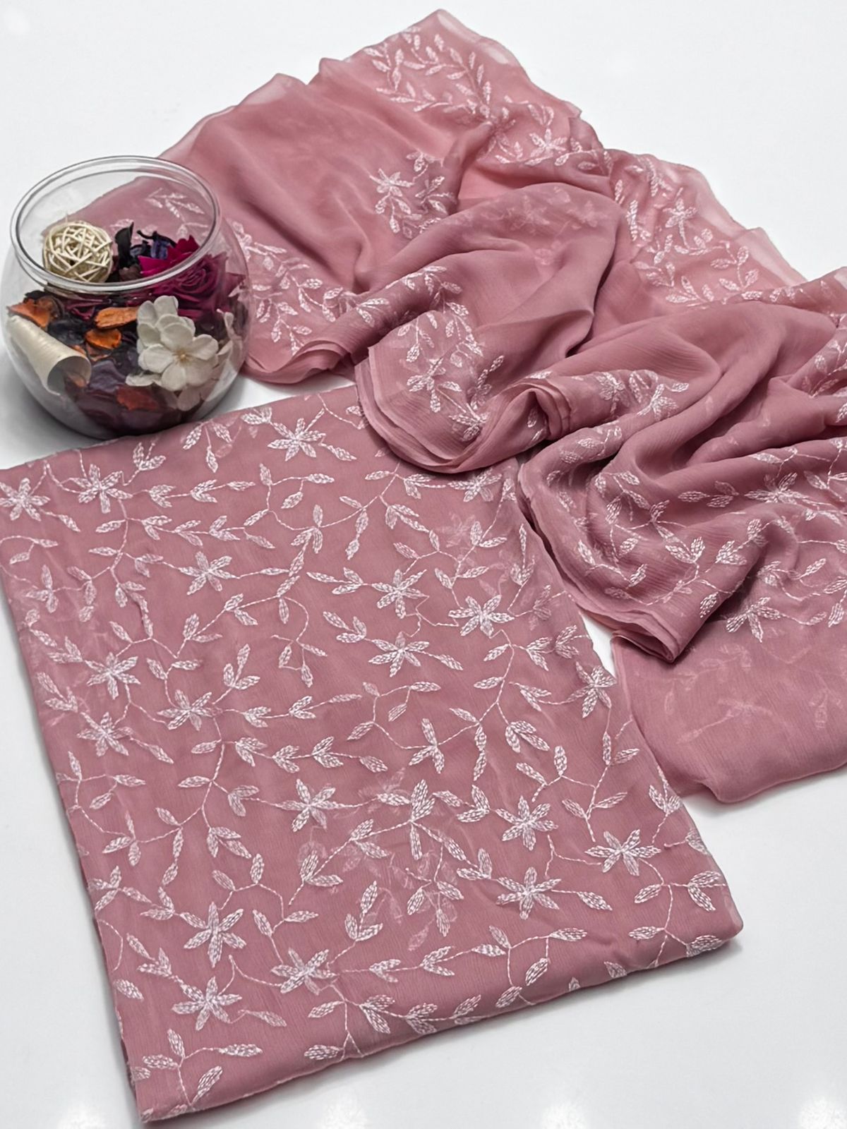 2 Pce  Chiffon Handmade Sippi Jall Work