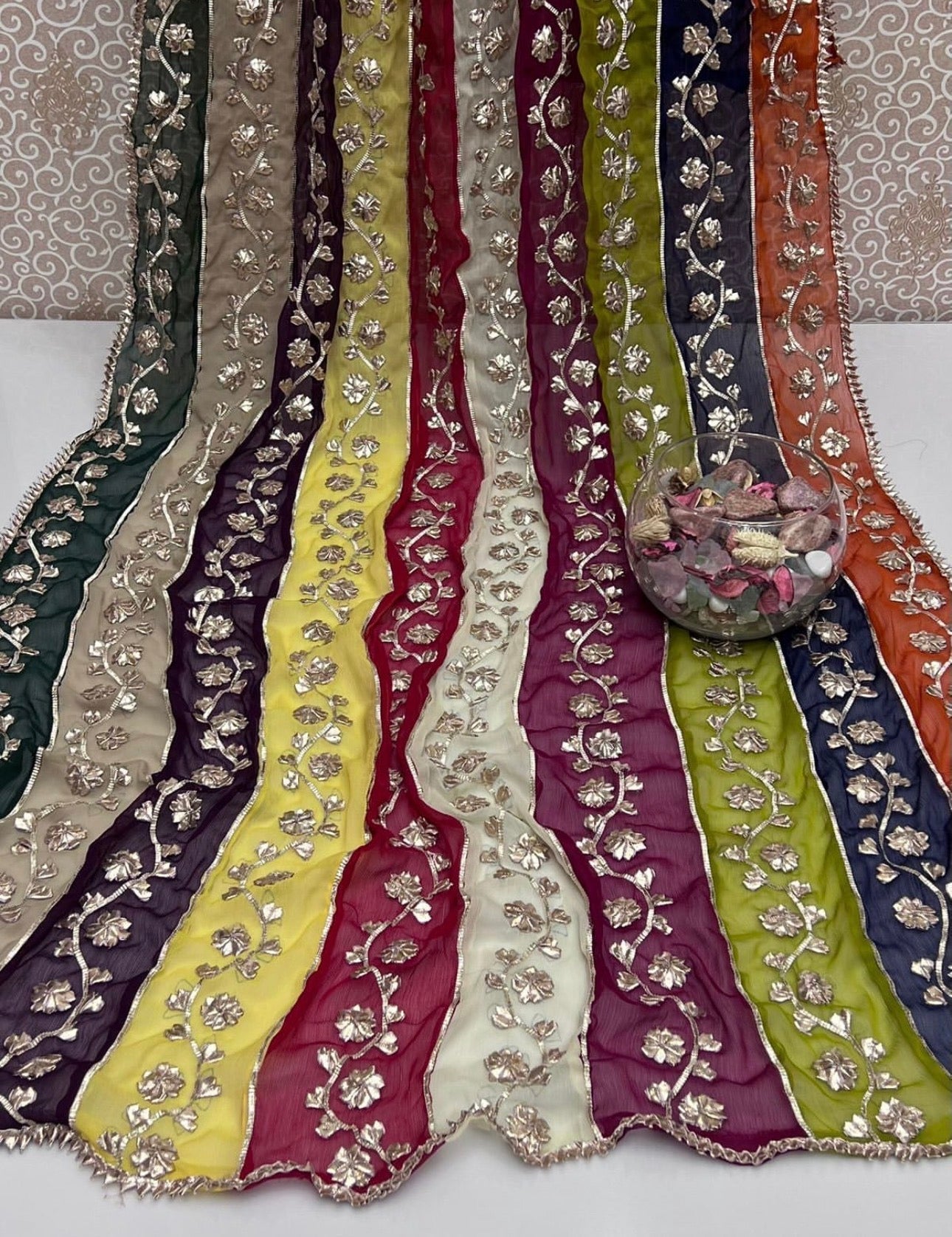 Handmade LCD Gotta work multi-shaded dupatta on chiffon fabric