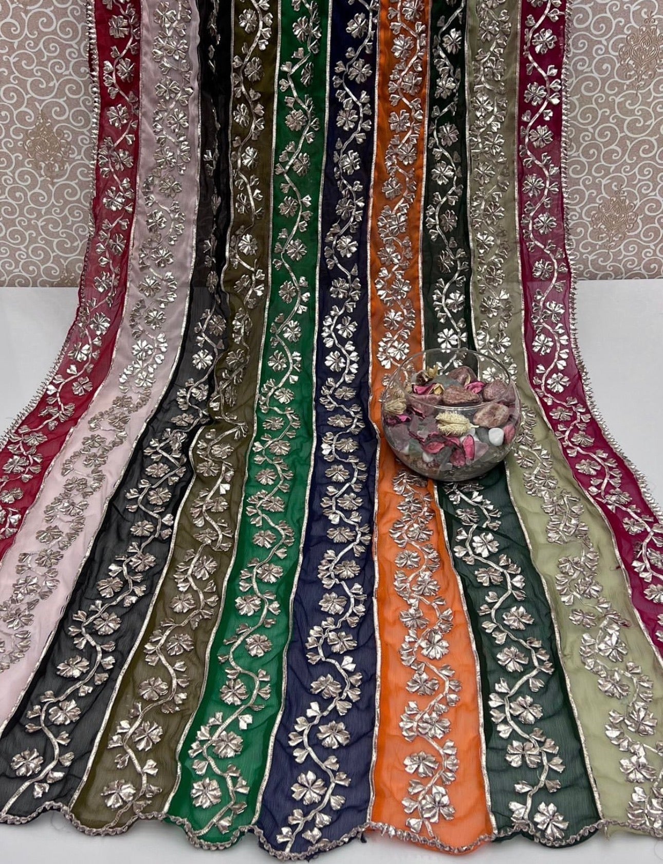 Handmade LCD Gotta work multi-shaded dupatta on chiffon fabric