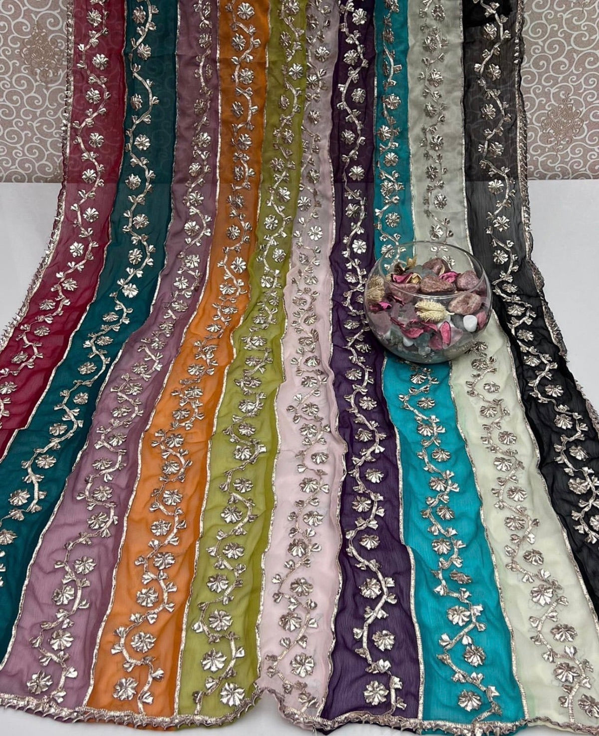 Handmade LCD Gotta work multi-shaded dupatta on chiffon fabric