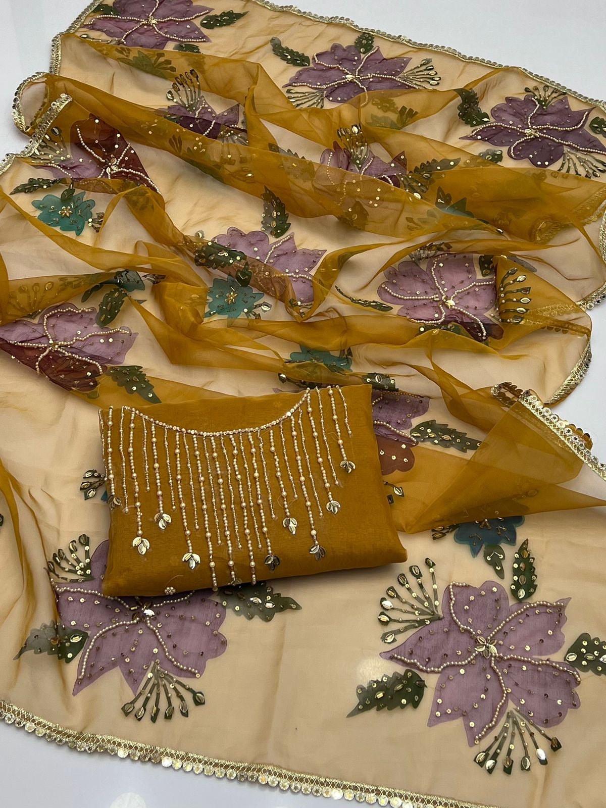 Katonic organza 2 piece with oil paint dupatta