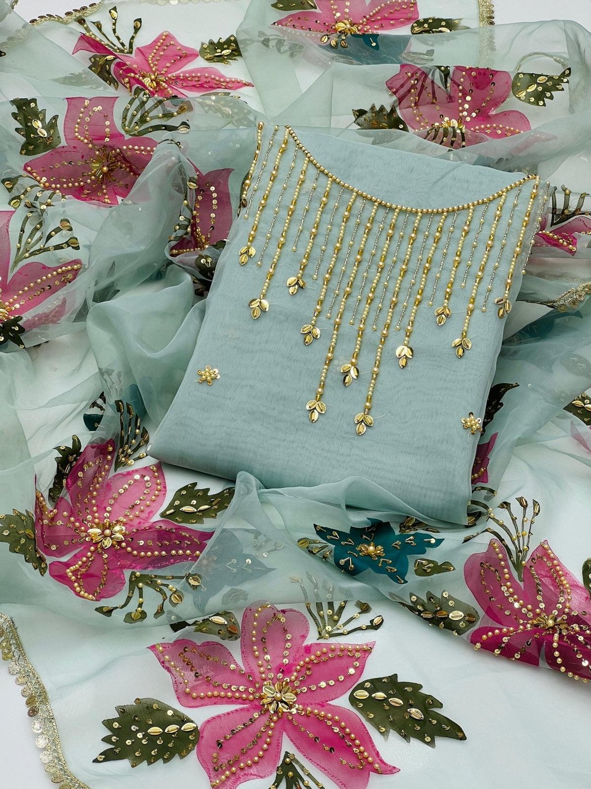 Katonic organza 2 piece with oil paint dupatta